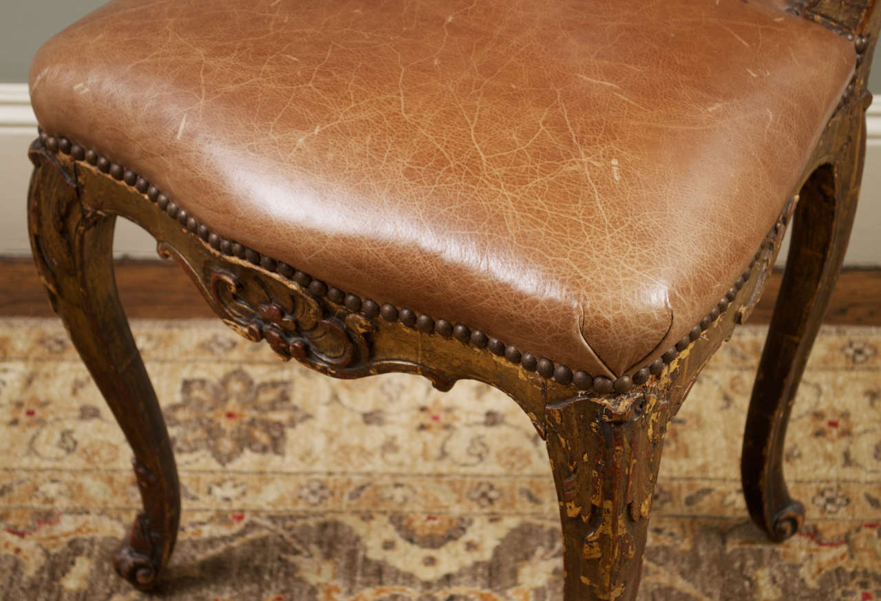 Rococo 18th c. Painted, Parcel Gilt Leather Side Chair For Sale