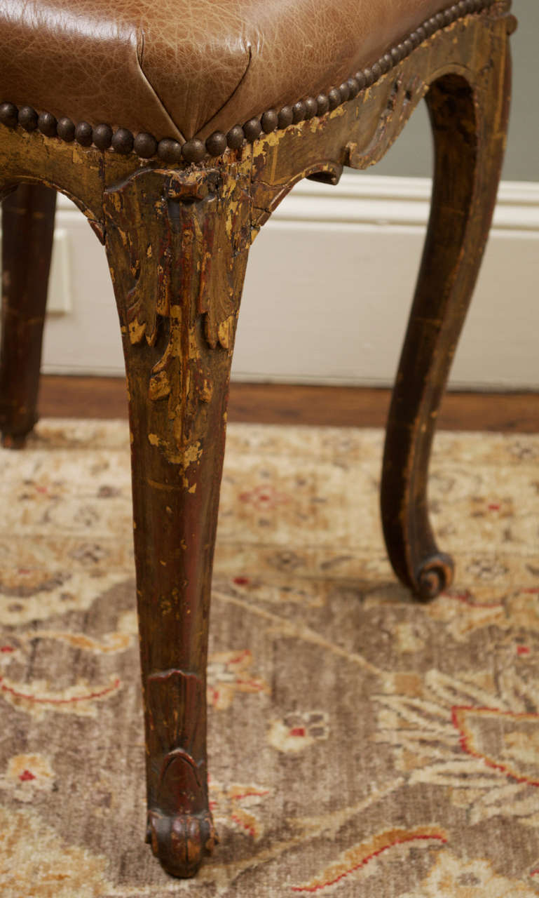 French 18th c. Painted, Parcel Gilt Leather Side Chair For Sale