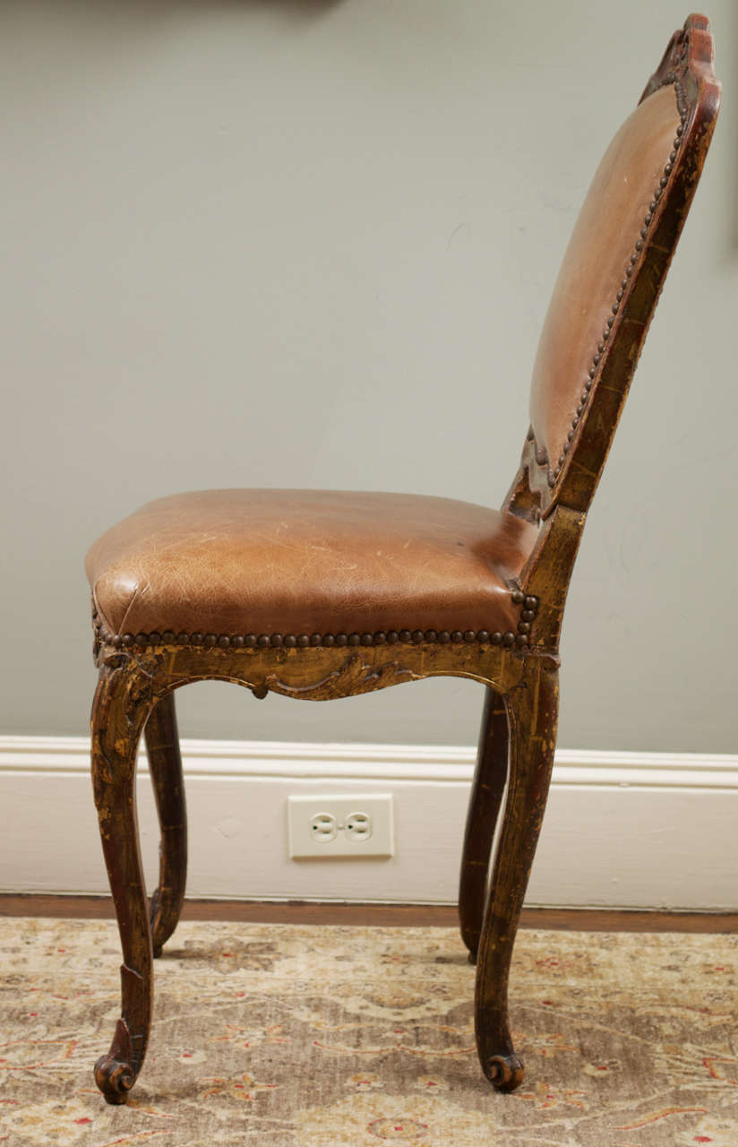 18th c. Painted, Parcel Gilt Leather Side Chair In Good Condition For Sale In San Francisco, CA