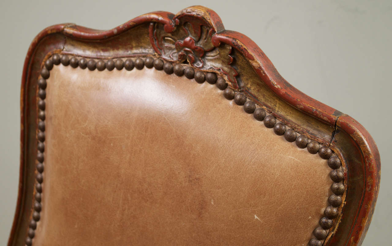 18th Century and Earlier 18th c. Painted, Parcel Gilt Leather Side Chair For Sale