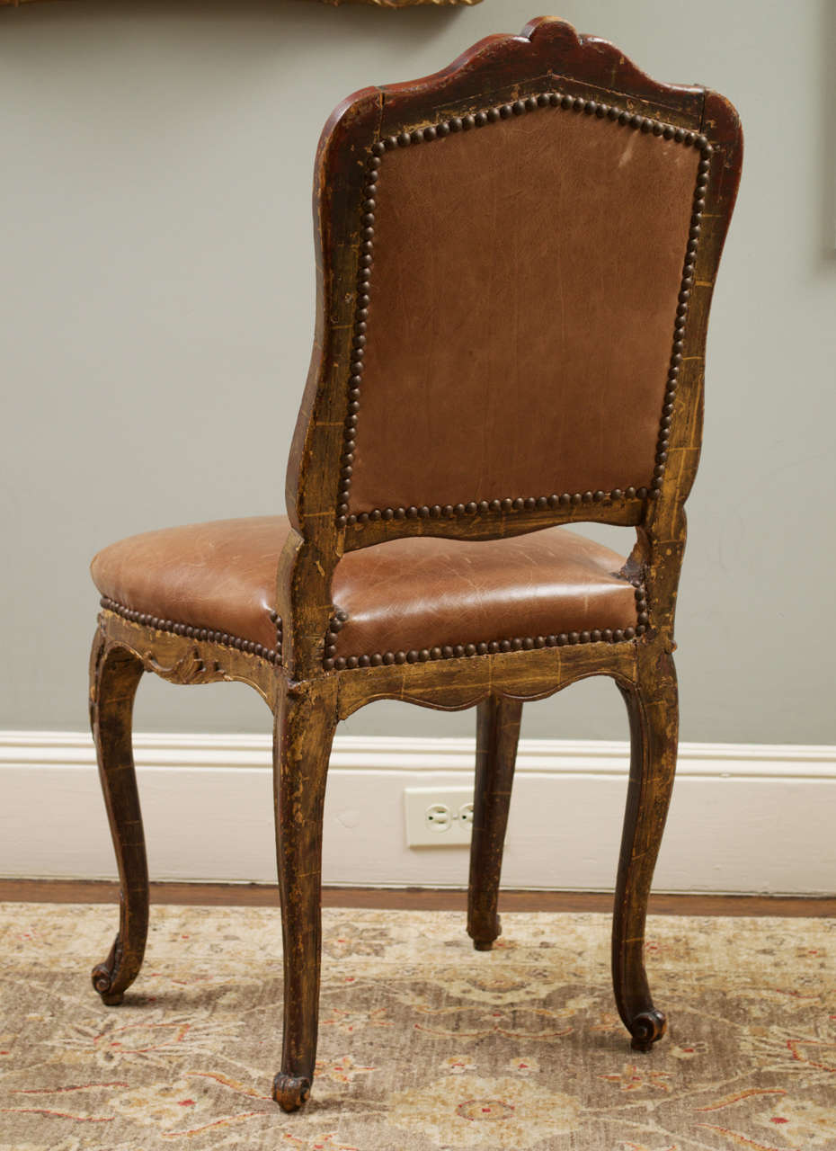 Wood 18th c. Painted, Parcel Gilt Leather Side Chair For Sale