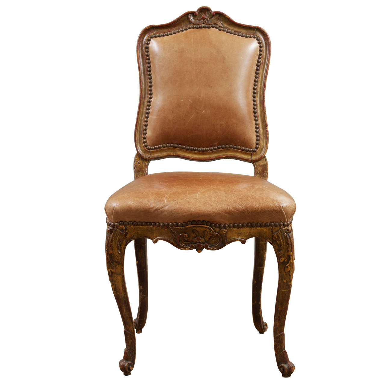 18th c. Painted, Parcel Gilt Leather Side Chair For Sale