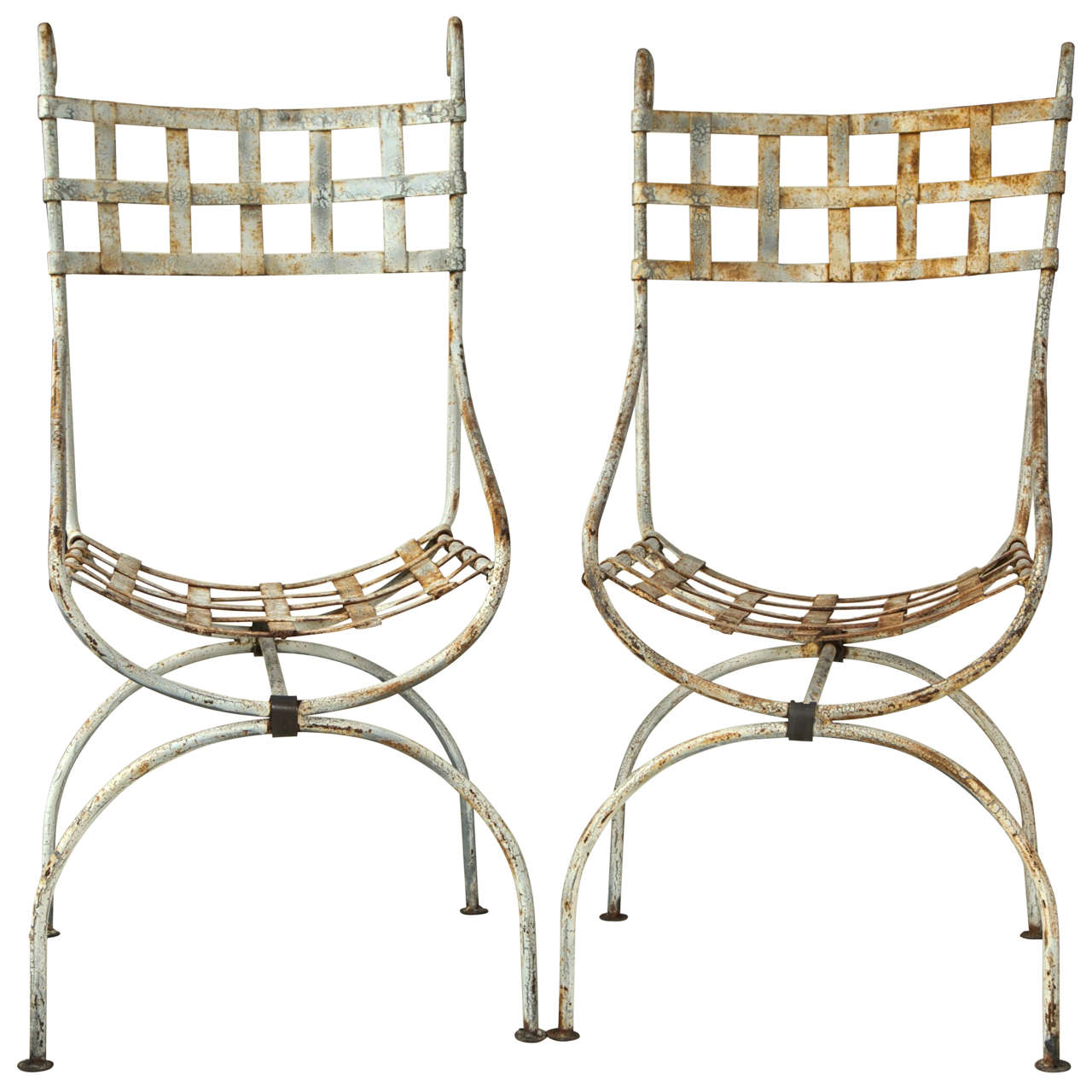 Pair of Basket Weave Wrought Iron "Beverly Hills Hotel" Style Garden Chairs