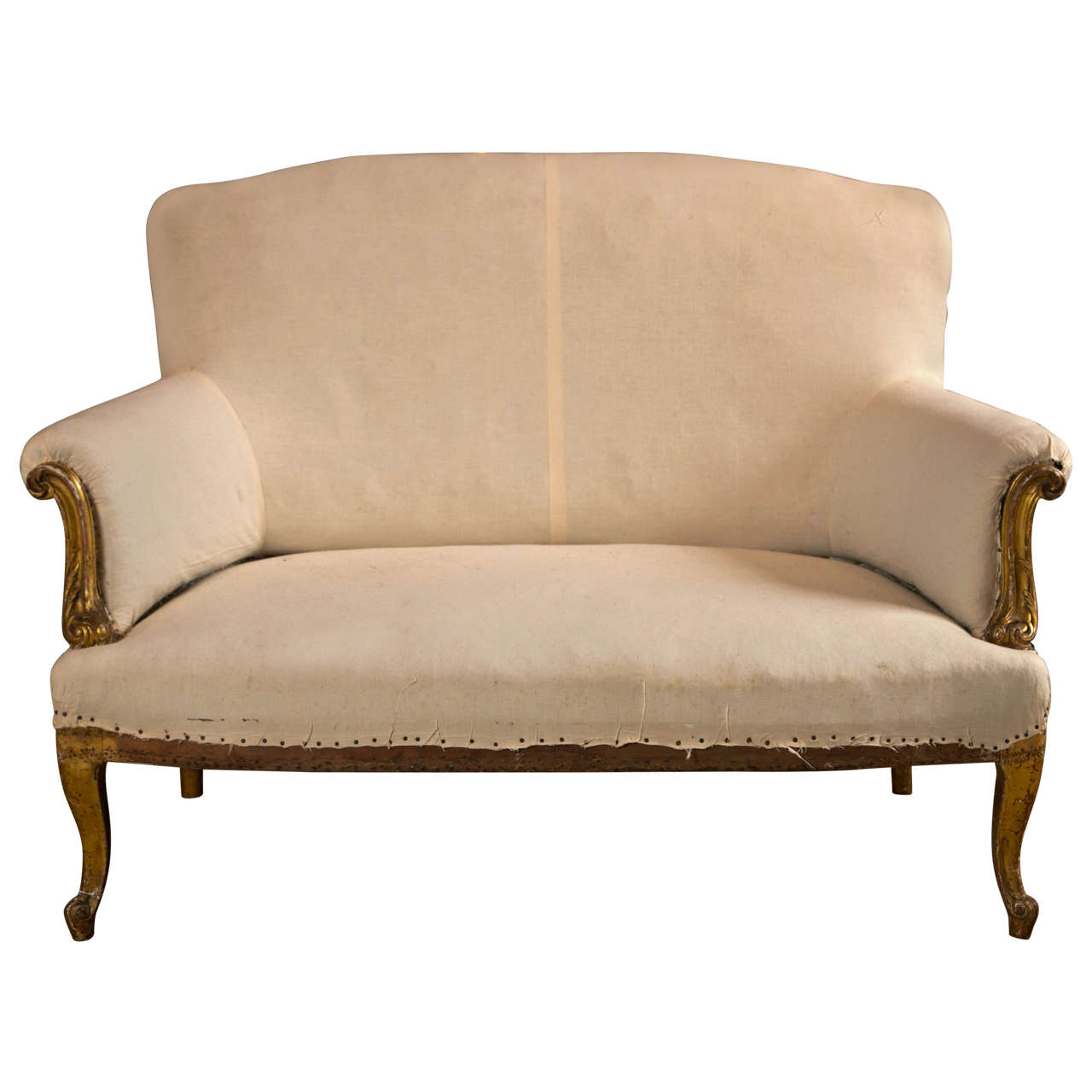 French Carved Giltwood Sofa with Scroll Arms and Cabriole Legs