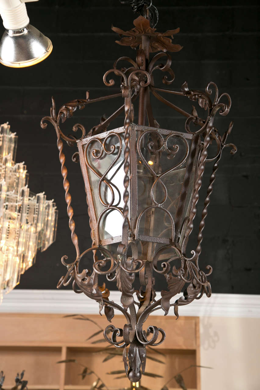 20th Century Pair of Wrought Iron Lanterns with Glass Panels