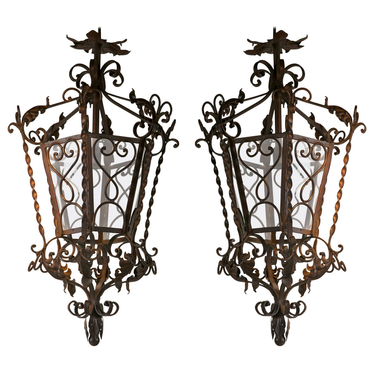 Pair of Wrought Iron Lanterns with Glass Panels