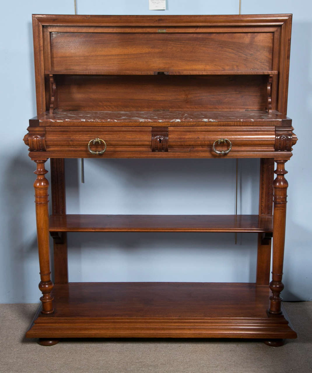 British Edwardian Sideboard With Chippendale Style Marble Inlay