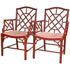Pair of Red Chinese Chippendale Armchairs