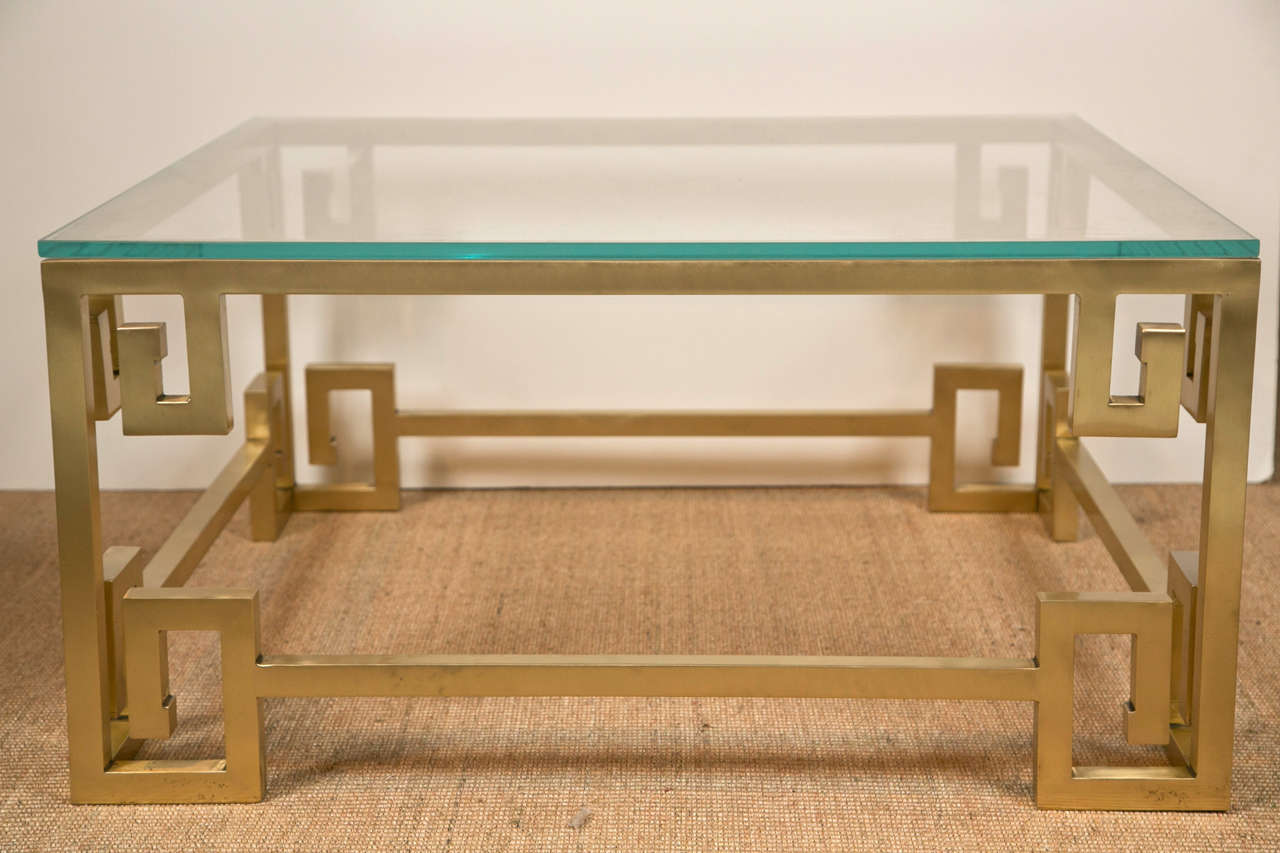 Mastercraft Greek Key Brass Cocktail table.  Newly Polished and New Glass.
