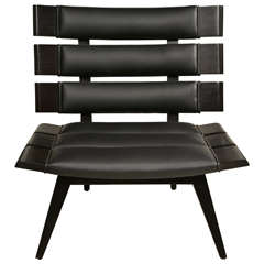 Black Leather and Ebonized Slatted Wood Chair