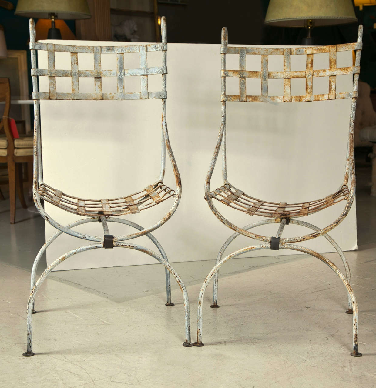 Pair of Basket Weave Wrought Iron "Beverly Hills Hotel" Style Garden