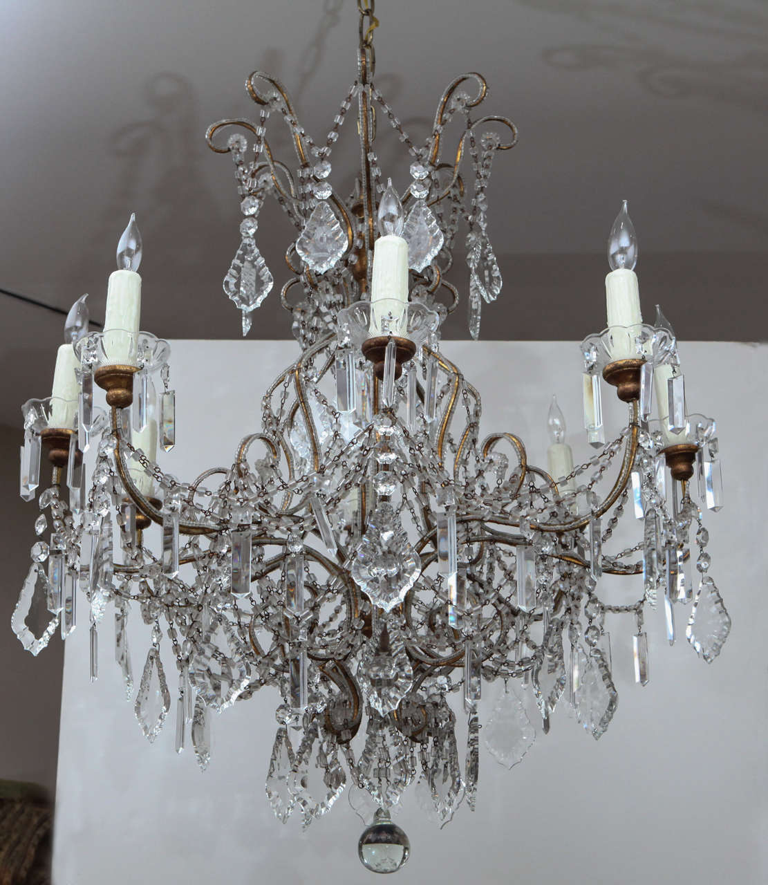 Elaborately beaded 8-Lite chandelier.
PLEASE NOTE: Parcel Delivery is not an option for this item. White Glove or Front Door Freight required.
