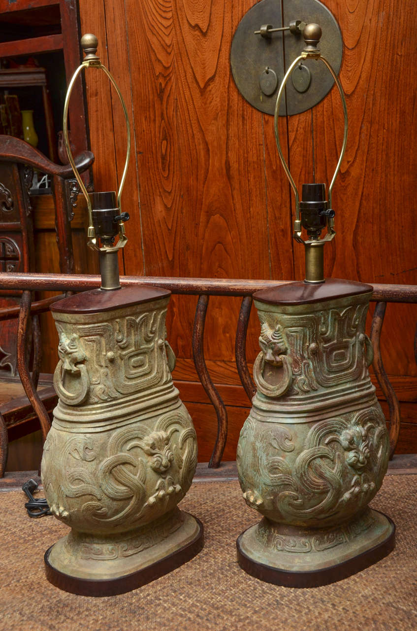 Turn of the Century Thai Lost Wax Cast Bronze Urns Converted to Lamps
