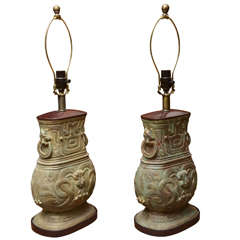 Turn of the Century Thai Lost Wax Cast Bronze Urns Converted to Lamps