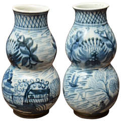 Antique Pair of Blue and White Chinese Shanghai Vases