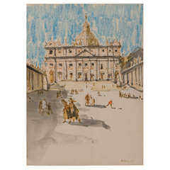 Harold Riley mixed media painting of Saint Peters in Rome, England circa 1960
