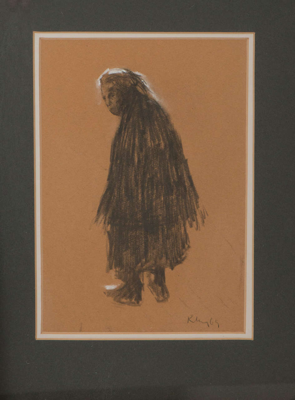Harold Riley pencil and chalk drawing "Old Lady", England circa 1970