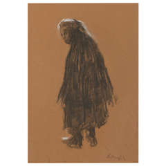 Harold Riley pencil and chalk drawing "Old Lady", England circa 1970