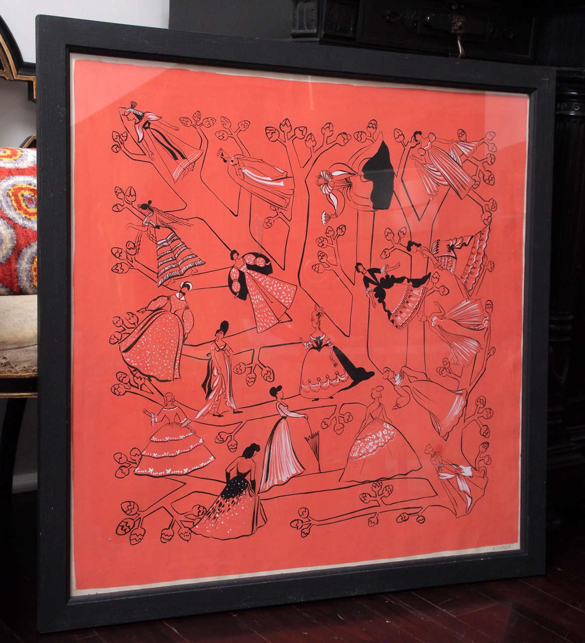 Vibrant gouache in pink, black and white, penciled marked "Hermes" lower right.