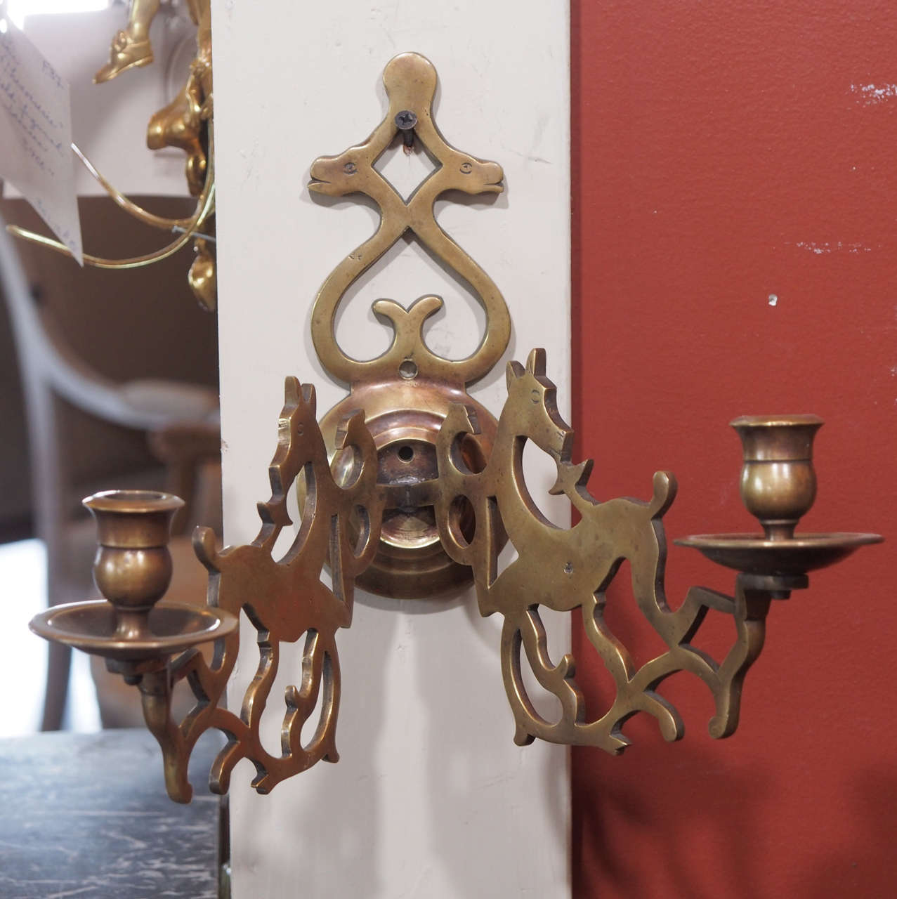 Pair of Flemish 2 arm brass sconces. Stylized deer on each arm.
Sconces not yet wired for US use.
PS: The sconces are now US wired