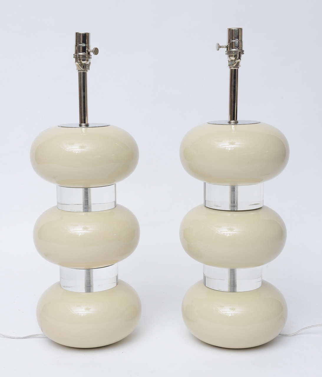 Pair of Large 70's Stacked Lucite and Lacquered Wood Table Lamps