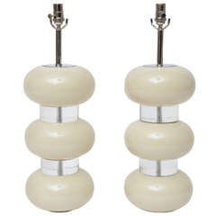Pair of Large 70's Stacked Lucite and Lacquered Wood Table Lamps