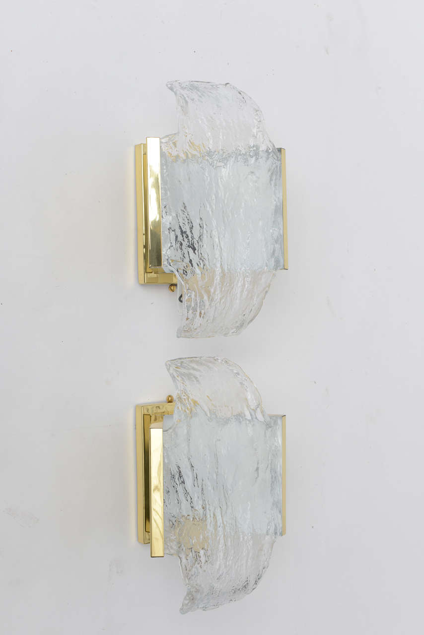 Mid-20th Century Pair of 1960s Italian Brass and Murano Glass Wall Sconces by Mazzega