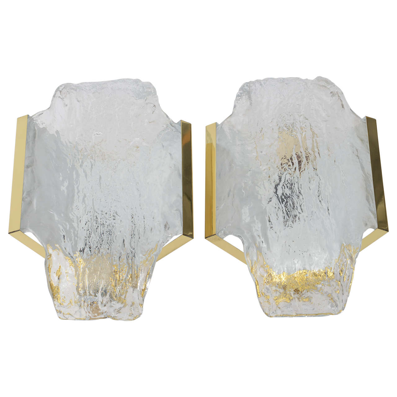 Pair of 1960s Italian Brass and Murano Glass Wall Sconces by Mazzega
