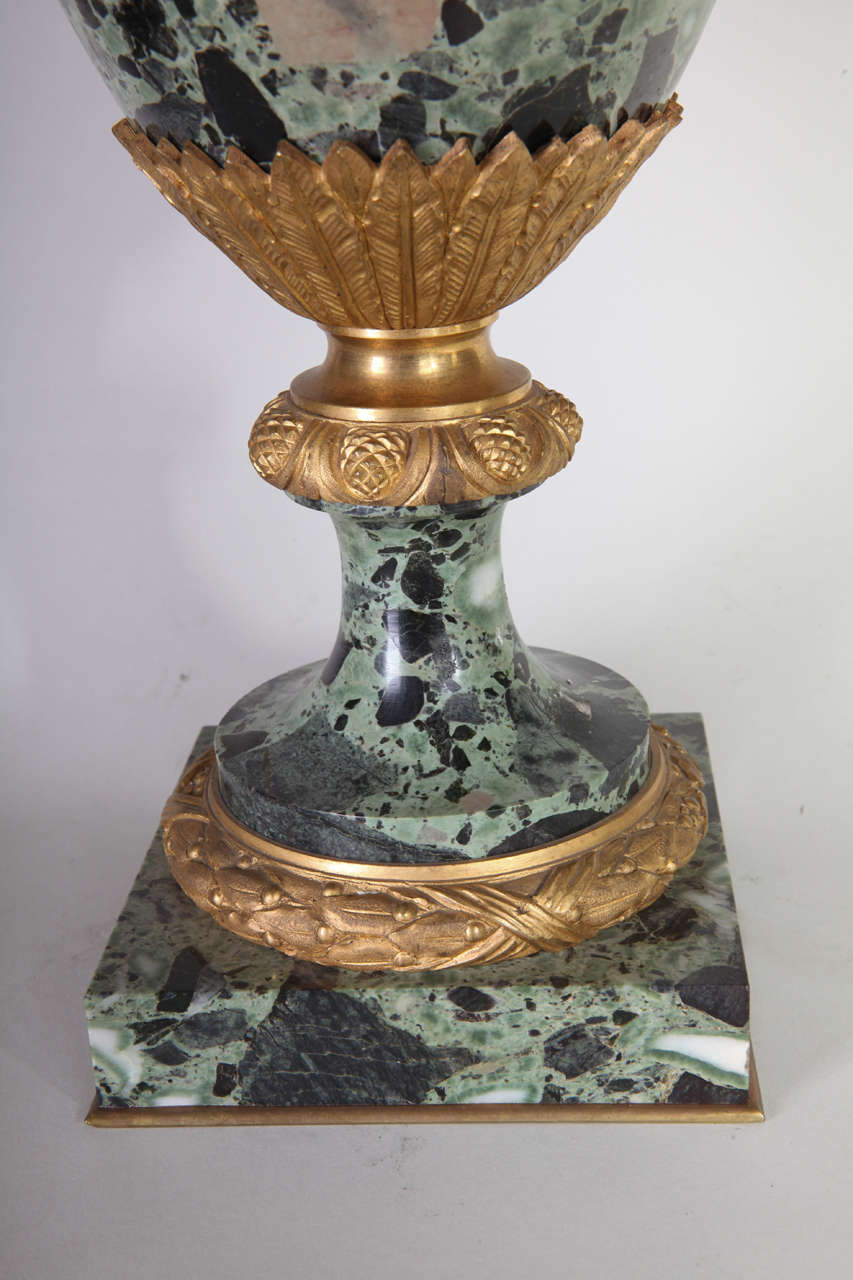 19th Century French pair of gilt bronze mounted green marble vases For Sale 1