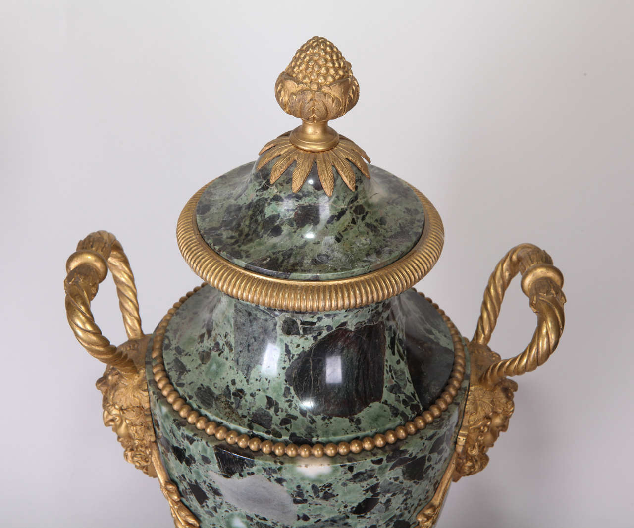 19th Century French pair of gilt bronze mounted green marble vases For Sale 2