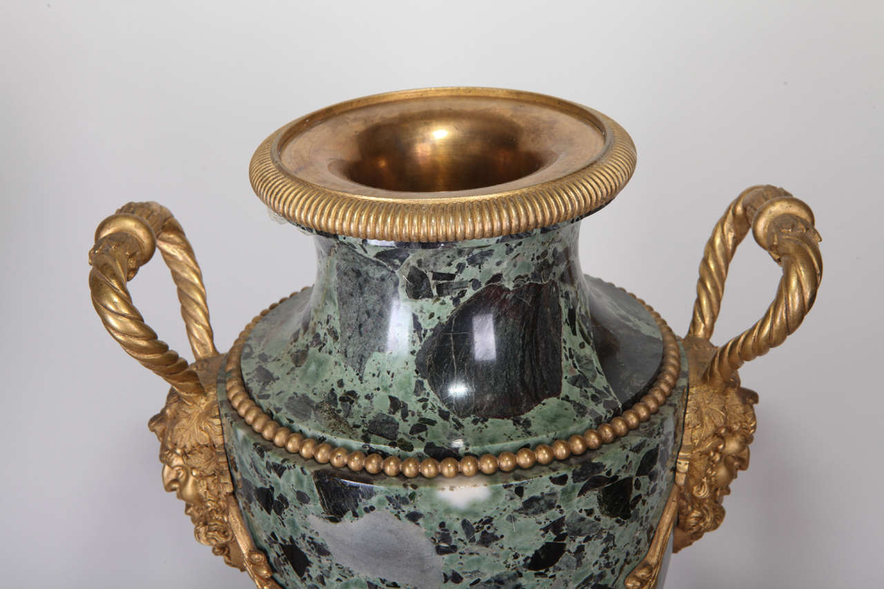 19th Century French pair of gilt bronze mounted green marble vases For Sale 4