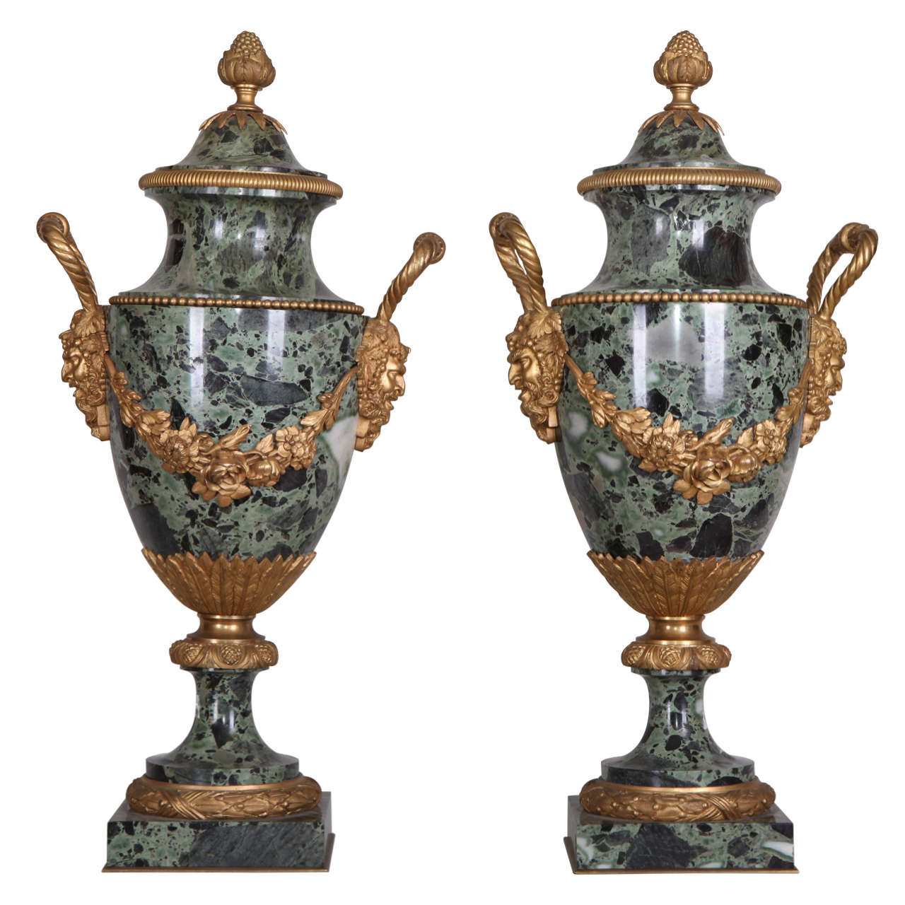 19th Century French pair of gilt bronze mounted green marble vases For Sale