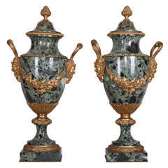 19th Century French pair of gilt bronze mounted green marble vases