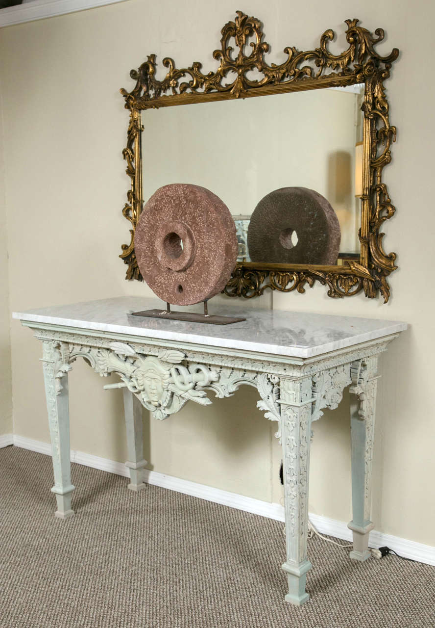 Louis XVI Pair Monumental French Swedish Painted Marble-Top Console Tables Finely Carved