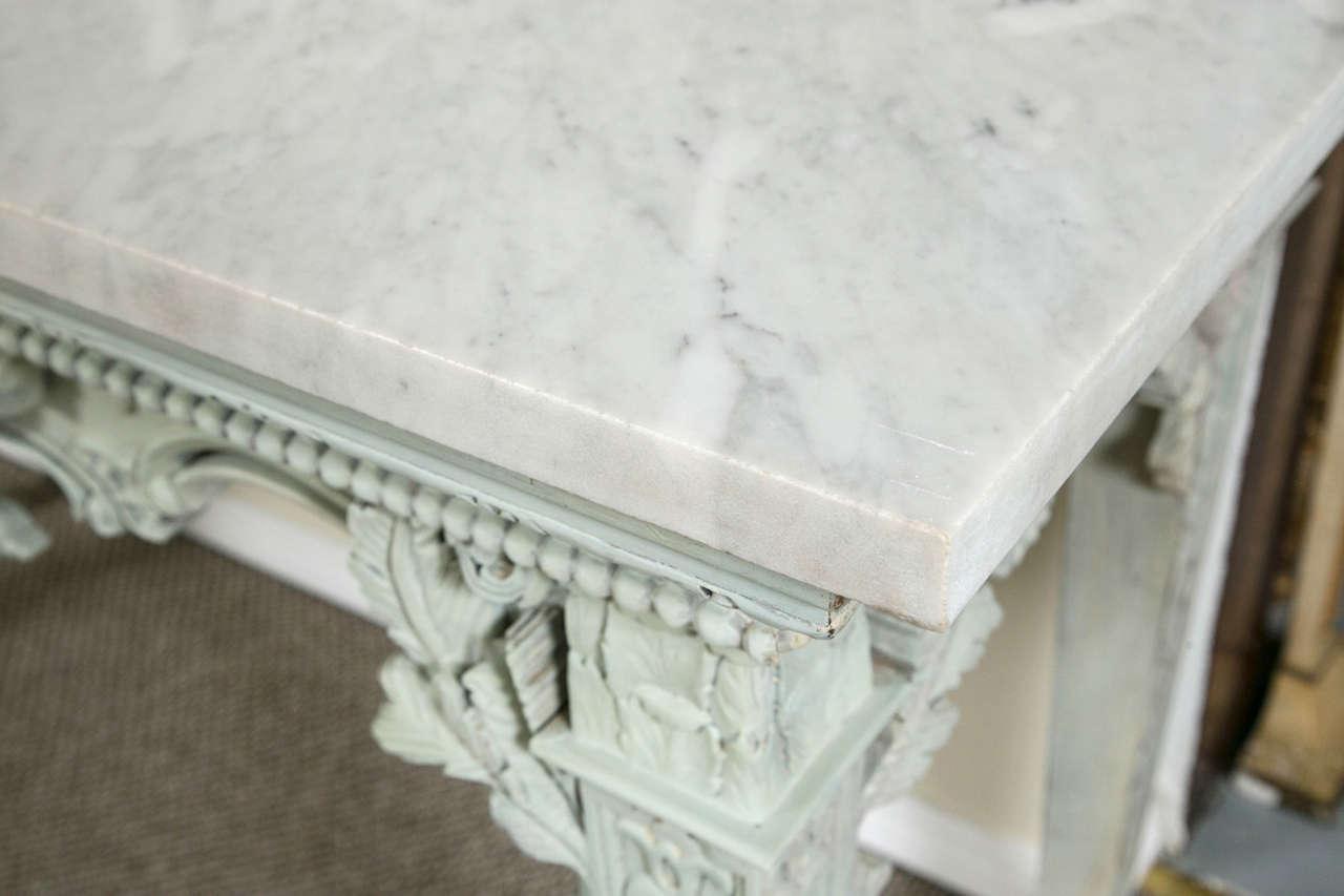 Pair Monumental French Swedish Painted Marble-Top Console Tables Finely Carved In Good Condition In Stamford, CT