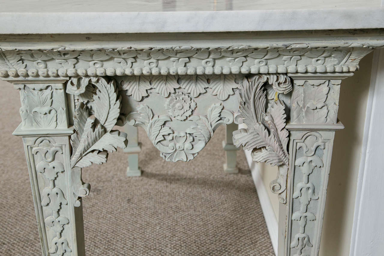 Wood Pair Monumental French Swedish Painted Marble-Top Console Tables Finely Carved