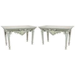 Pair Monumental French Swedish Painted Marble-Top Console Tables Finely Carved