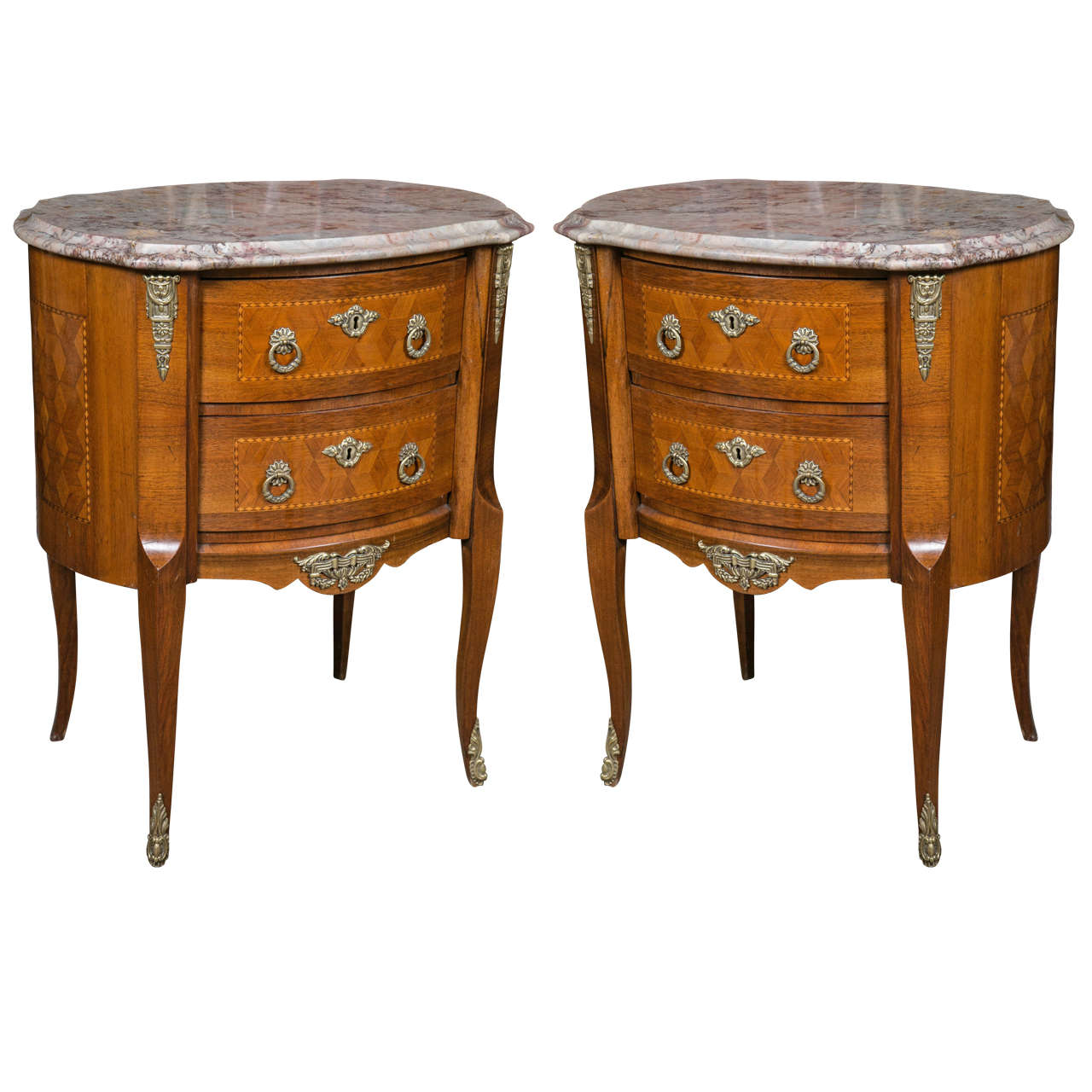 Pair of French Louis XV Style Marble-Top Kidney Shaped Commodes