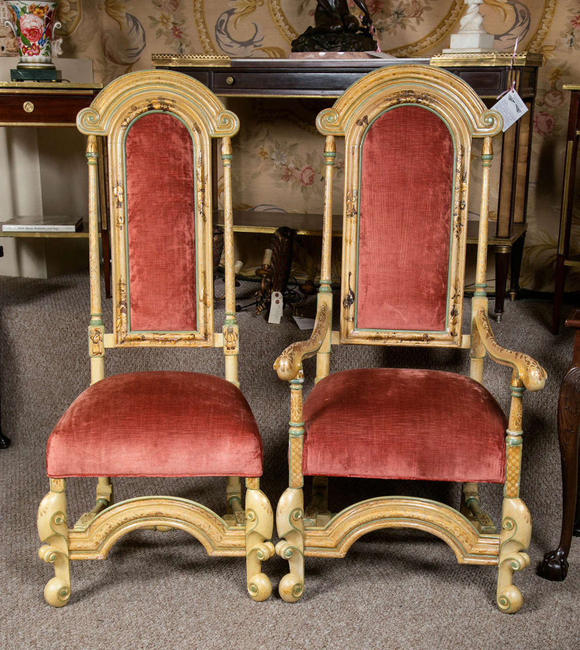 Set of ten highly decorative custom French chinoiserie dining chairs. Pronounced 