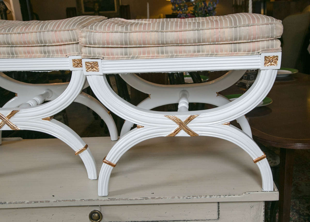 American Pair Hollywood Regency White Lacquer X-Benches / Footstools Gilt Gold Highlights