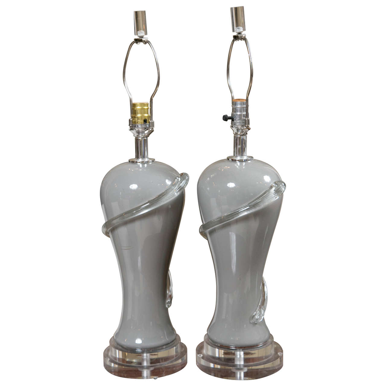 Pair of Deco Style Gray Glass Table Lamps with Lucite Bases