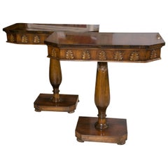 Pair of Neoclassical Style Detailed Carving Walnut Pedestal Console / End Tables