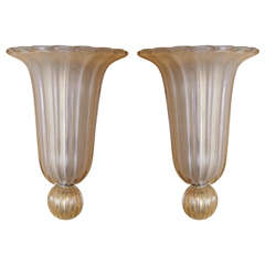Pair of Gold Opalescent Murano Sconces by Venini, Signed ( On Hold ) 