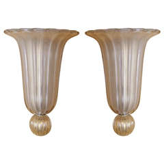 Pair of Gold Opalescent Murano Sconces by Venini, Signed ( On Hold )