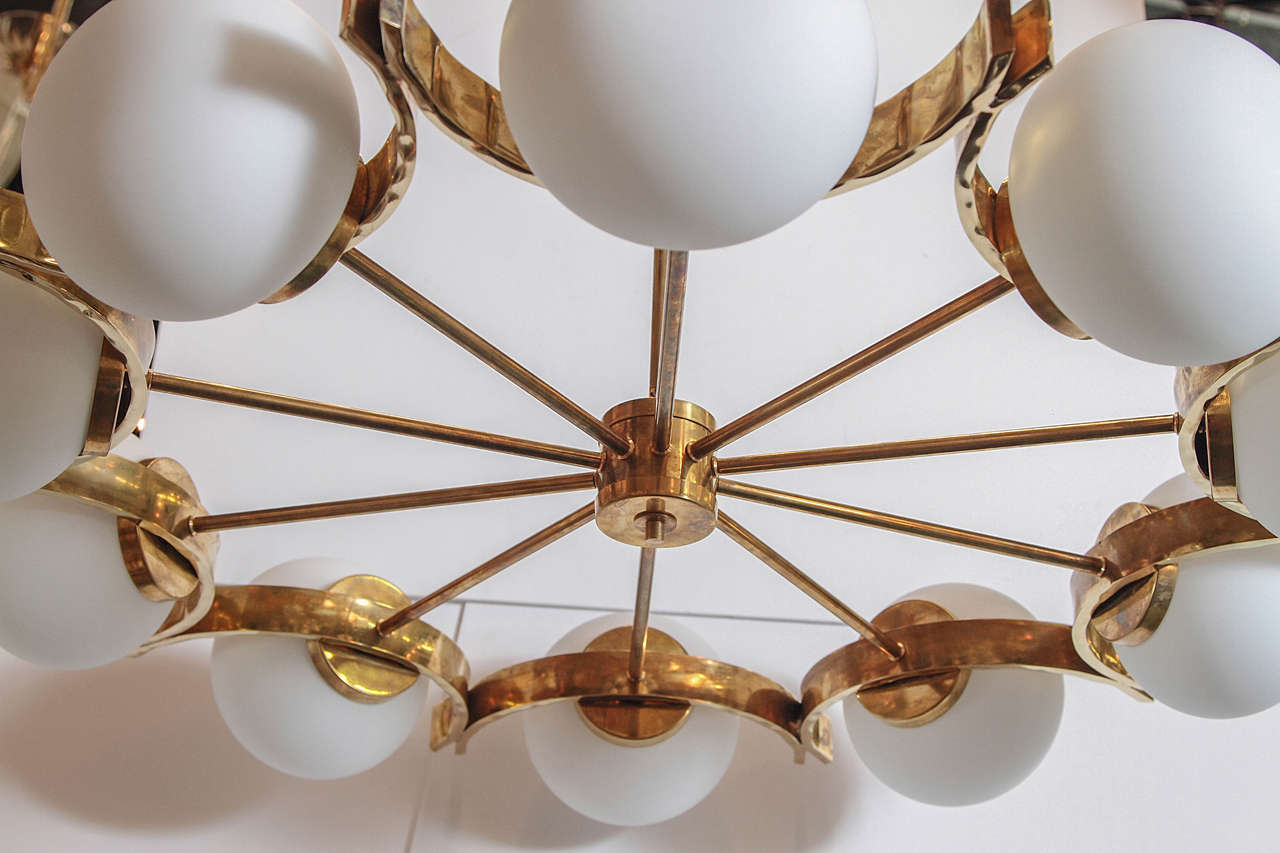 Brass and Frosted White Glass Chandelier in the Style of Stilnovo For Sale 2