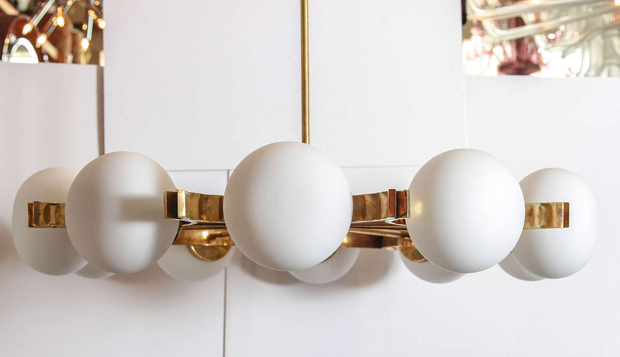 Brass and Frosted White Glass Chandelier in the Style of Stilnovo For Sale 3
