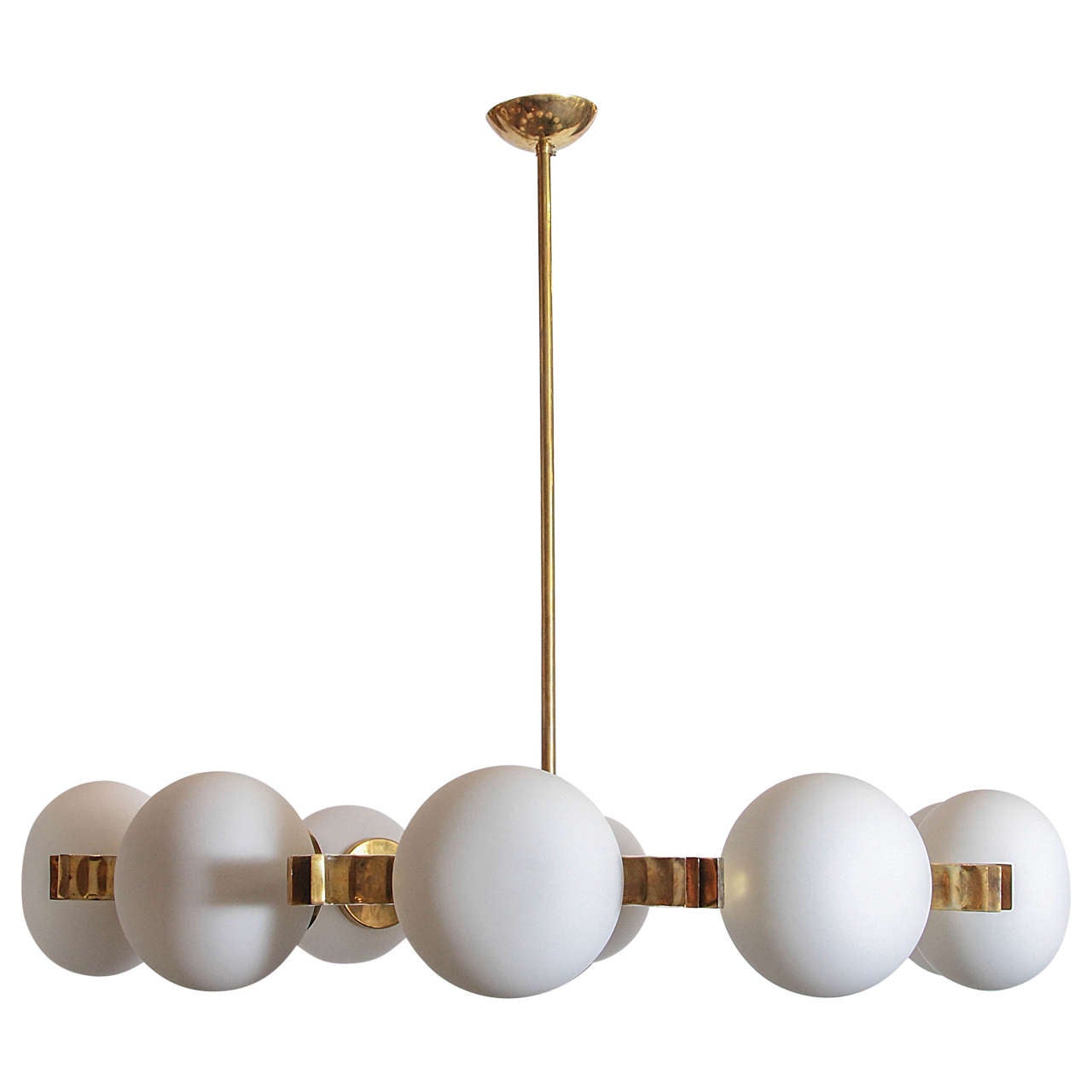 Brass and Frosted White Glass Chandelier in the Style of Stilnovo For Sale