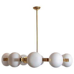 Brass and Frosted White Glass Chandelier in the Style of Stilnovo