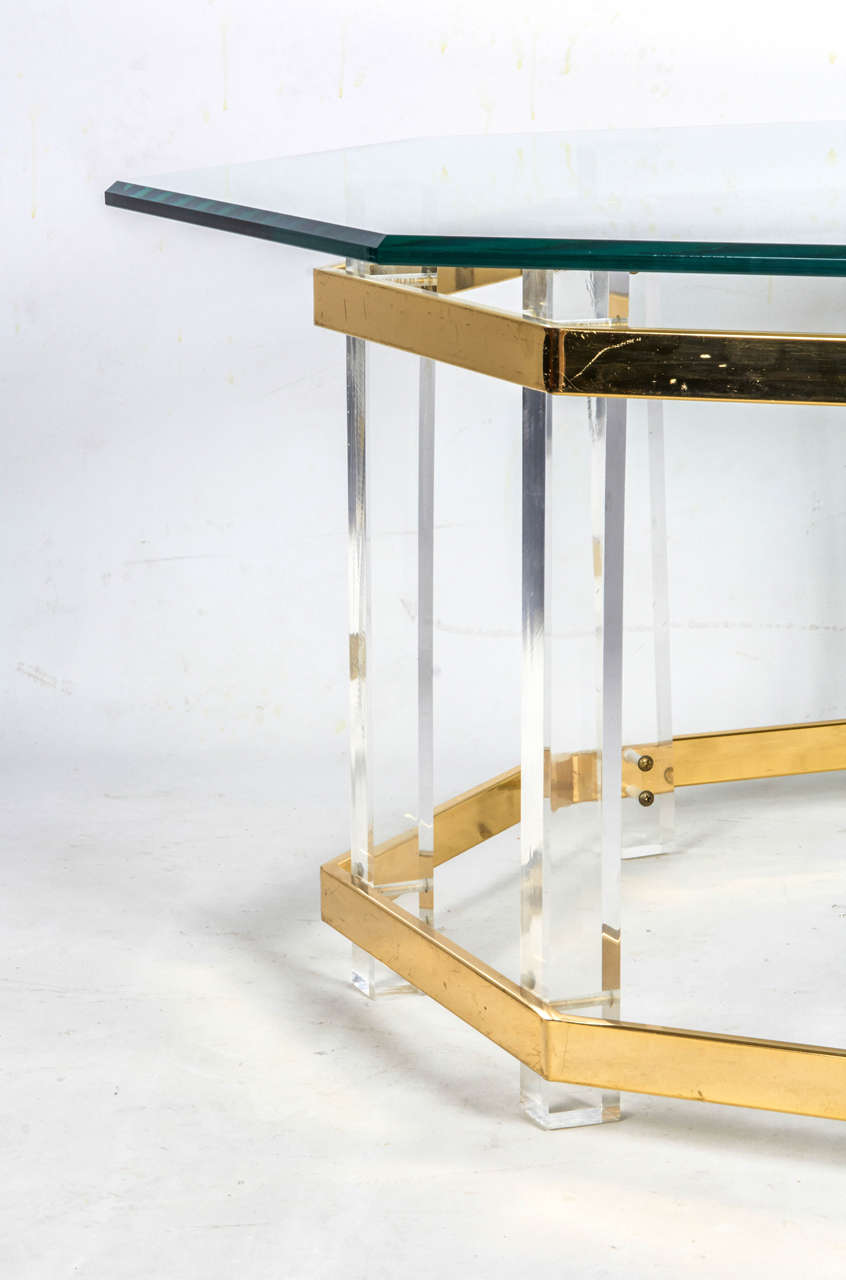 Hollywood Regency Lucite and Brass Coffee Table For Sale