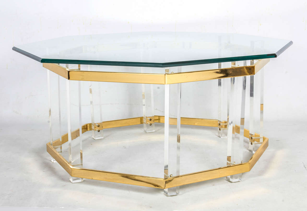American Lucite and Brass Coffee Table For Sale
